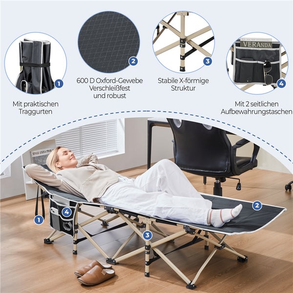 Campingliege mit Tragegurten, robustem Oxford-Gewebe, stabiler X-förmiger Struktur und Aufbewahrungstaschen