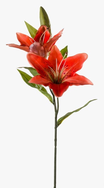 Künstliche Lilie mit zwei roten Blüten und grünen Blättern am Stiel.