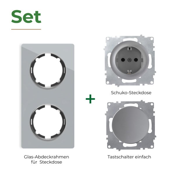 Set bestehend aus zweifachem Glas Abdeckrahmen, Schuko Steckdose und einfachem Tastschalter.