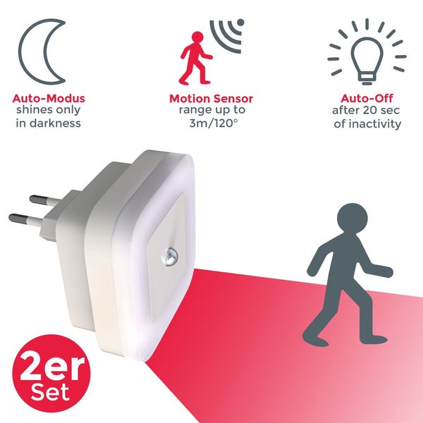 Nachtlicht - 0,32W, 26lm, mit Bewegungsmelder, Stecker, Timer, warmweiß, weiß
