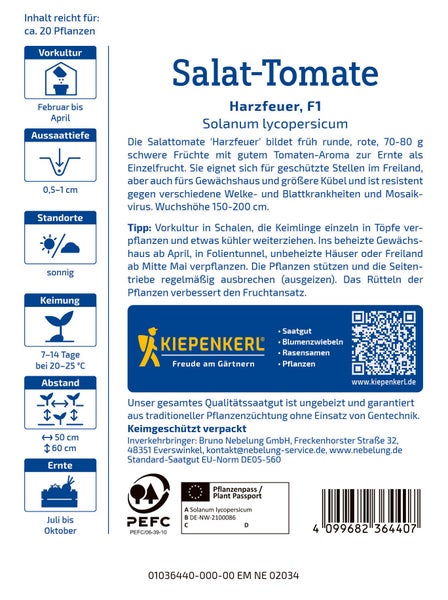 Saatgut für Salattomate Harzfeuer F1 von Kiepenkerl mit Aussaat- und Pflegehinweisen auf der Packungsrückseite.