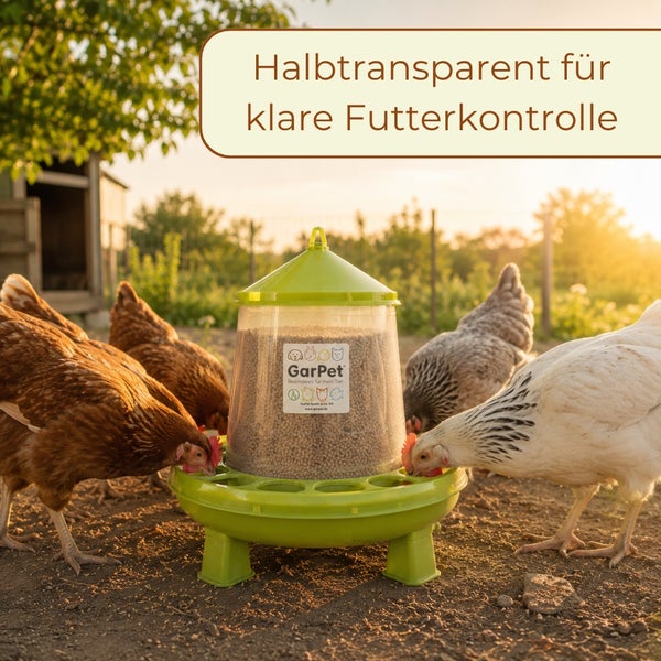 Geflügelfutterautomat mit GarPet Logo, halbtransparentem Kunststoffbehälter und mehreren Hühnern beim Fressen im Freien.