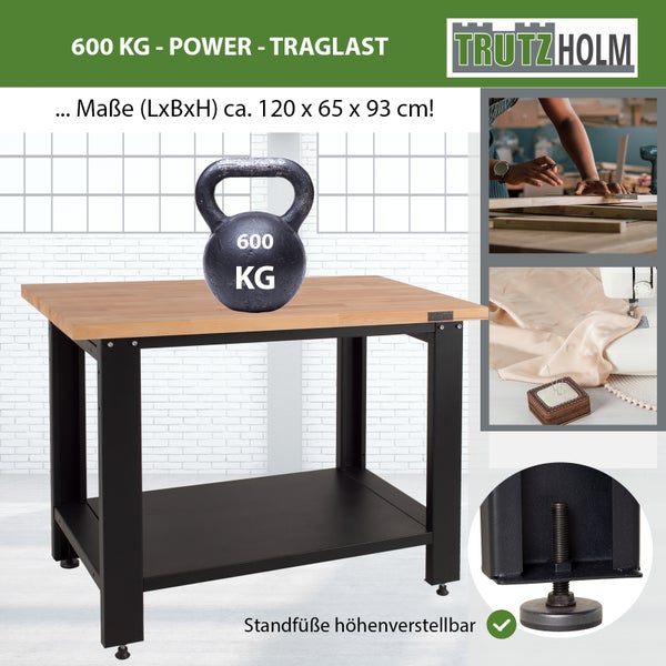 Werkbank mit einer Traglast von 600 Kilogramm und höhenverstellbaren Füßen