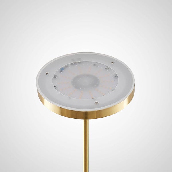Runder LED-Lampenkopf mit mattierter Abdeckung und goldfarbenem Metallrand auf einem Stab.