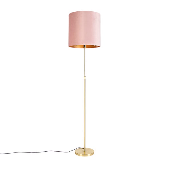 QAZQA - Landhaus I Vintage I Rustikal Stehleuchte I Stehlampe I Standleuchte I Lampe I Leuchte Gold I Messing I messing mit Veloursschirm pink 40I40 cm - Parte I Wohnzimmer I Schlafzimmer - Stahl Zyli