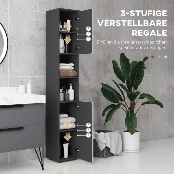 kleankin Badezimmerschrank schmal, Hochschrank Toilettenschrank mit Verstellbar Regal und 2 offenen Fächern, Badschrank für kleine Räume Badezimmer, Wohnzimmer 30 x 30 x 183 cm Grau