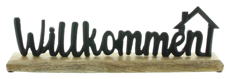 FRANK FLECHTWAREN | Schriftzug Willkommen, METALL, MANGOHOLZ, 40,5 x 5 x 12,5 cm
