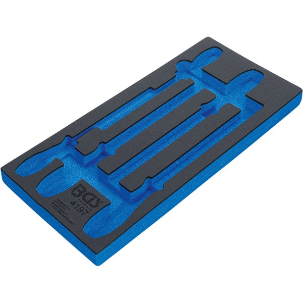 Schwarz-blaue Schaumstoffeinlage für Werkzeugsatz BGS technic 4197 mit Aussparungen für drei Montagehebel.