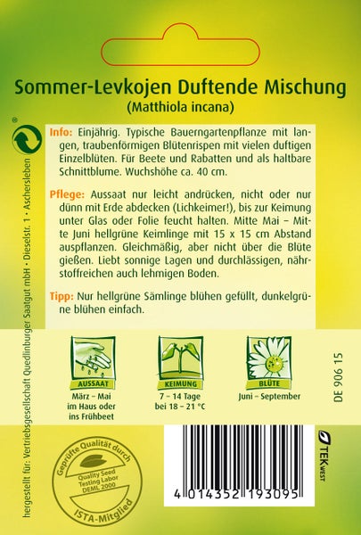 Rückseite einer Samentüte für Sommer-Levkojen mit Hinweisen zu Aussaat, Keimung und Blüte sowie Qualitätssiegeln und dem TEKWEST Logo.