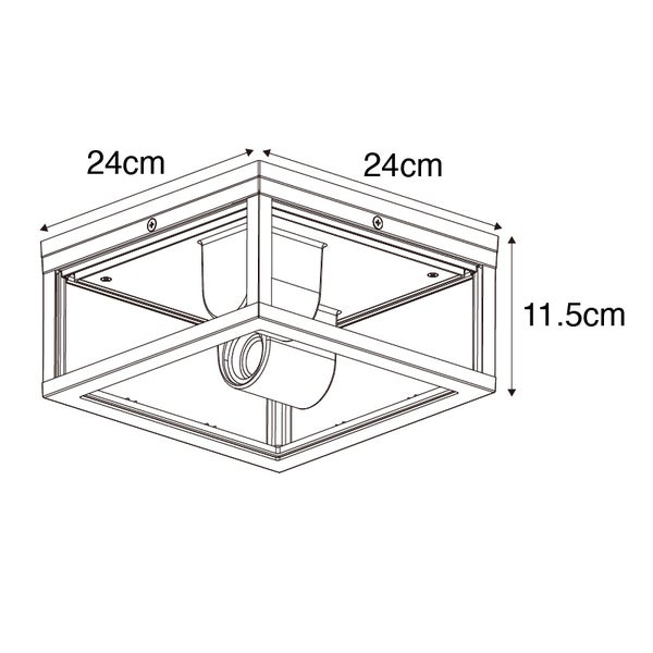 Skizze einer quadratischen Deckenleuchte mit Maßen: 24 Zentimeter Breite, 24 Zentimeter Tiefe und 11,5 Zentimeter Höhe.