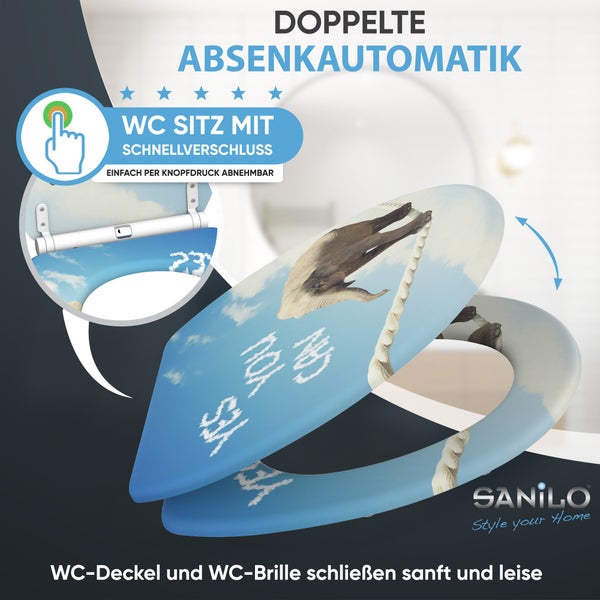 WC-Sitz mit doppelter Absenkautomatik und Schnellverschluss. Motiv mit einem Elefanten auf einem Seil. Sanilo Logo.