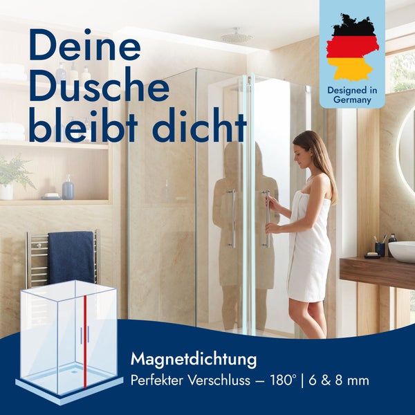 Eine Frau öffnet eine gläserne Duschkabine in einem hellen, modernen Badezimmer. Das Bild zeigt eine Magnetdichtung für 180 Grad Glaswände.