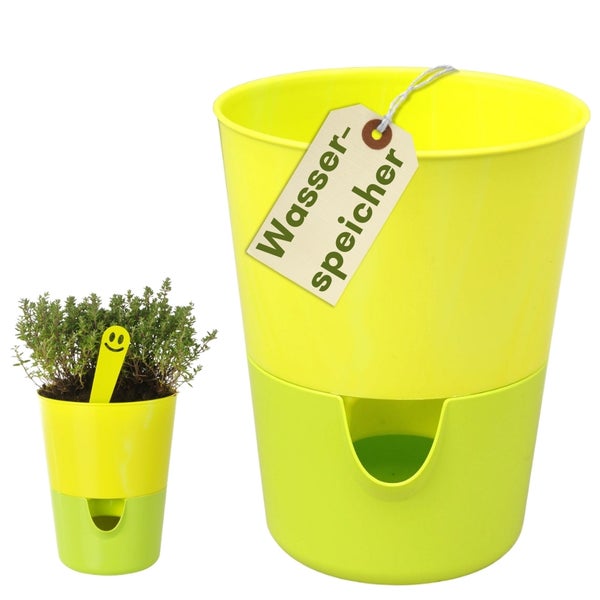 Zweiteiliger Kräutertopf aus Kunststoff mit integriertem Wasserspeicher.