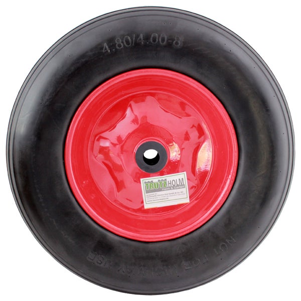 Schubkarrenrad mit Stahlfelge Größe 4.80 durch 4.00 minus 8, pannensicheres Vollgummirad inklusive Trutzholm Logo