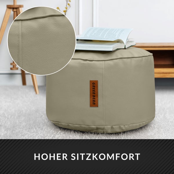 Beiger Sitzpouf aus Kunstleder mit Buch und Green Bean Logo