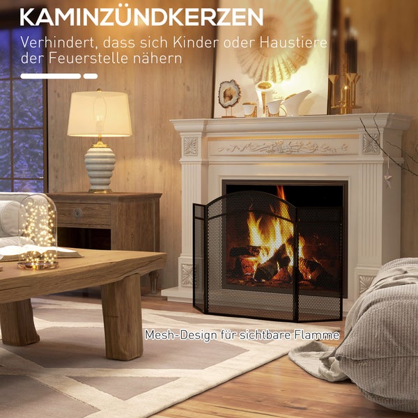 HOMCOM Kaminschutzgitter, Klappbares Kamingitter mit 3 Paneelen, Ofenschutzgitter, Funkenschutzgitter für Wohnzimmer, Metall, 96 x 60 cm, Schwarz