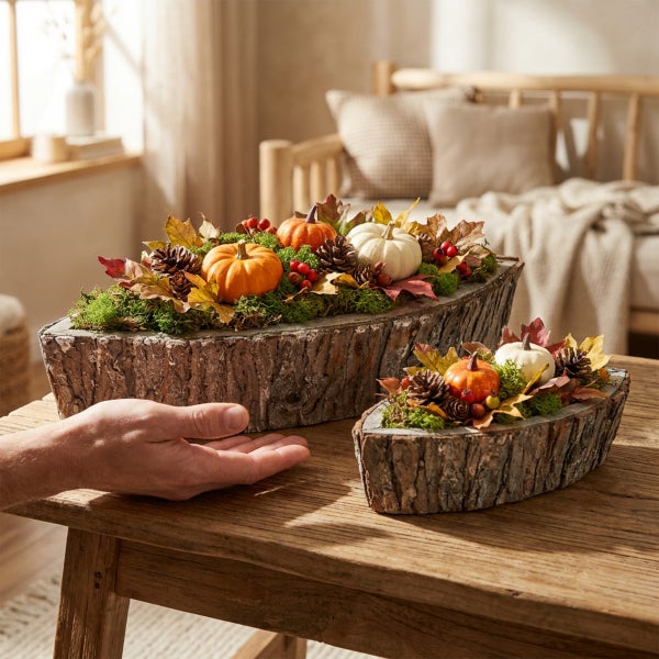 Herbstliche Tischdekoration in zwei holzartigen Pflanzschalen mit künstlichen Kürbissen, Tannenzapfen, Beeren und herbstlichen Blättern.