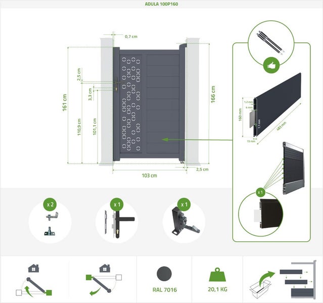 Aluminium-Torpaket ADULA 100P160 + 2 Pfosten H.190cm Grau