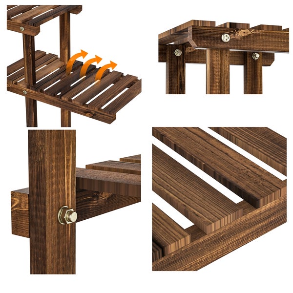 Detailansicht eines mehrstufigen Pflanzenständers aus Holz mit offenem Lamellendesign