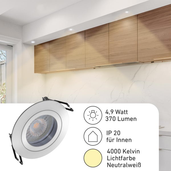 LED Einbaustrahler für den Innenbereich, 4,9 Watt, 370 Lumen, neutralweiße Lichtfarbe mit 4000 Kelvin, Schutzart IP 20.
