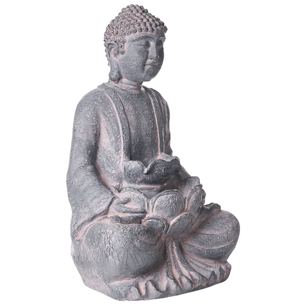 Sitzende graue Buddha-Figur aus Magnesia in Steinoptik, eine Lotusblüte haltend.