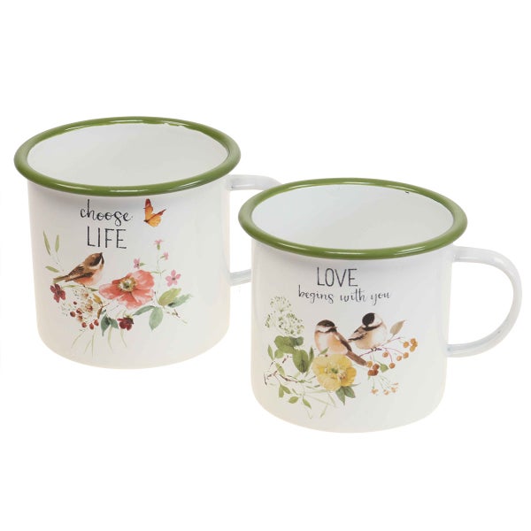Zwei Emailletassen mit Vogel- und Blumenmotiven
