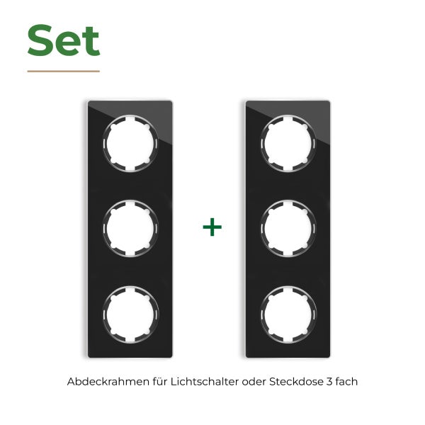 Set bestehend aus zwei dreifachen Abdeckrahmen für Lichtschalter oder Steckdosen in rechteckiger Ausführung.