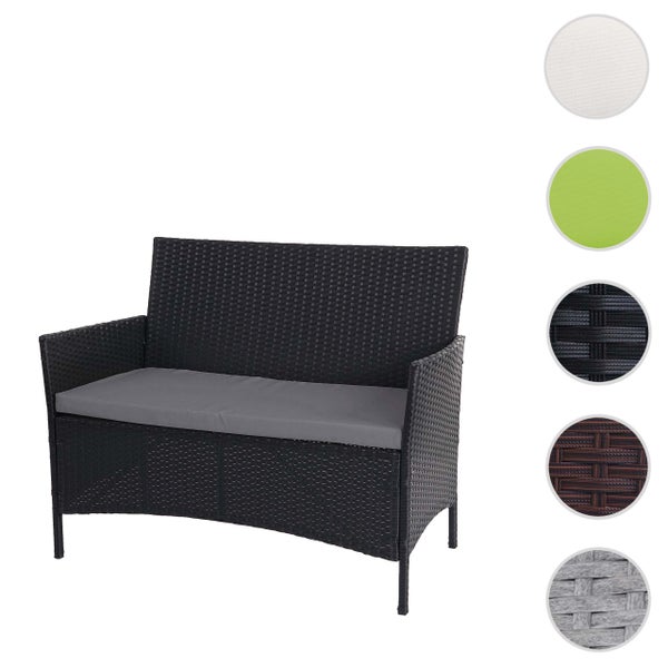 2-Sitzer Gartenbank aus Polyrattan mit Sitzkissen. Farbmuster zeigen Optionen für Kissen und Geflecht.