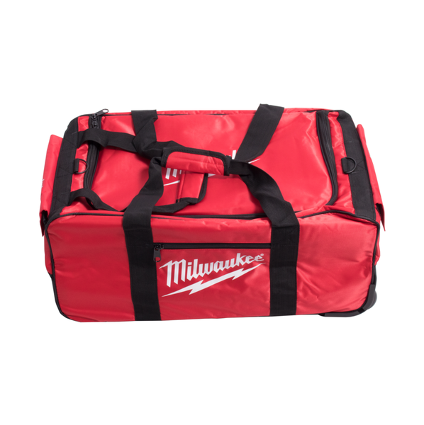 Große rot-schwarze Milwaukee Werkzeugtasche mit Rollen und Tragegriffen.