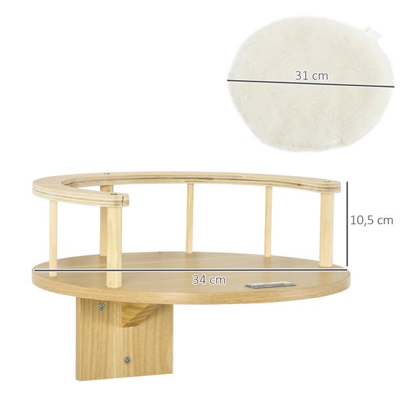PawHut Katzen Kletterwand, Katzenliege für die Wand, Katzenbett für Wandmontage, Katzen Hängematte, Katzenplattform mit Kissen, Katzenmöbel, Eiche+Cremeweiß, Ø34 x 10,5 cm