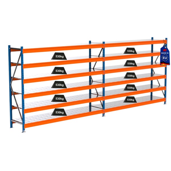 Regal mit Regalböden und einer Traglast von 530 Kilogramm und Herkunftszeichen Made in EU