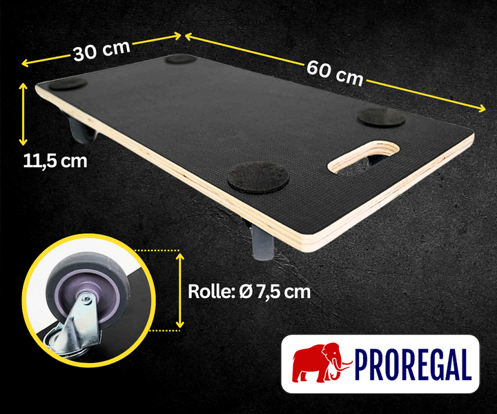 Proregal Transportroller aus Holz, 60 mal 30 mal 11,5 Zentimeter, mit Antirutsch-Pads, Griff und Rollen mit 7,5 Zentimeter Durchmesser. Proregal Logo.