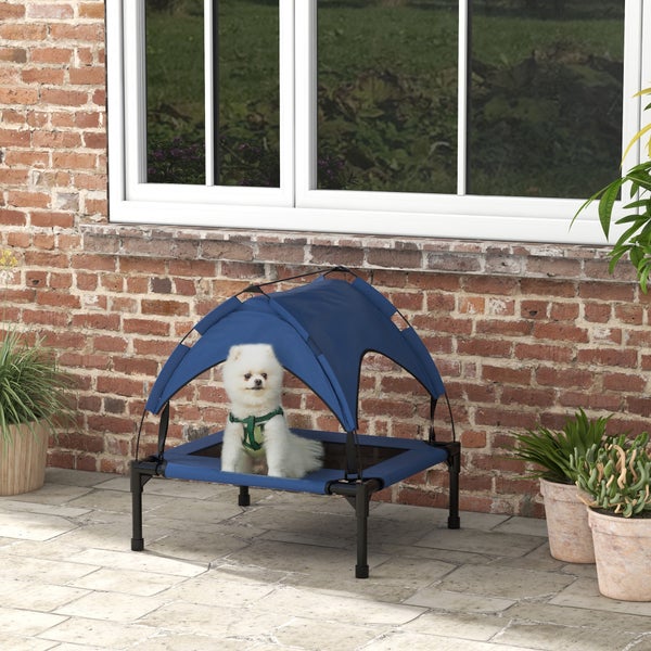 PawHut Erhöhtes Hundebett mit Baldachin, Haustierbett, Outdoor Hundeliege mit Dach, Atmungsaktiv, für kleine und mittelgroße Hunde Dunkelblau Oxford 76 x 61 x 69,5 cm