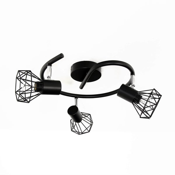 Schwarze Deckenleuchte mit drei Lampenschirmen im Drahtdesign