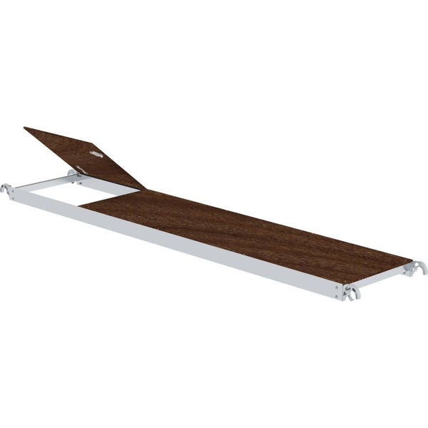 Gerüstplattform mit Aluminiumrahmen und Holzbelag sowie integrierter Durchstiegsklappe.