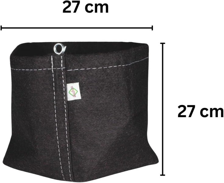 Schwarze Pflanztasche aus Vliesstoff mit den Maßen 27 mal 27 Zentimeter.