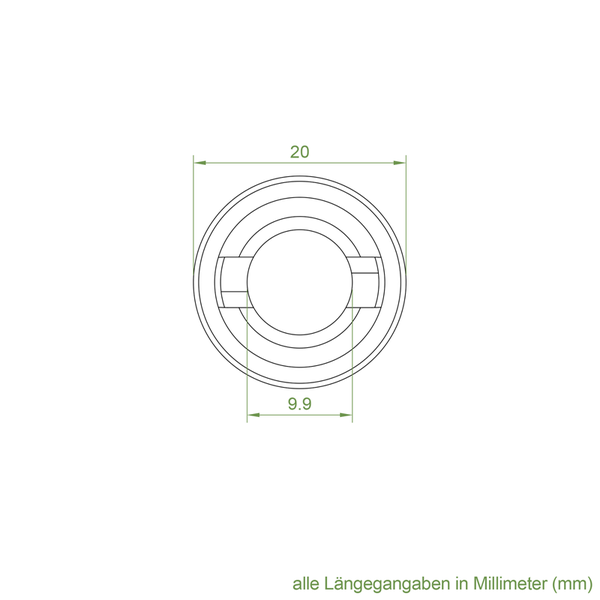Technische Zeichnung eines runden Bauteils mit den Maßen 20 Millimeter und 9,9 Millimeter.