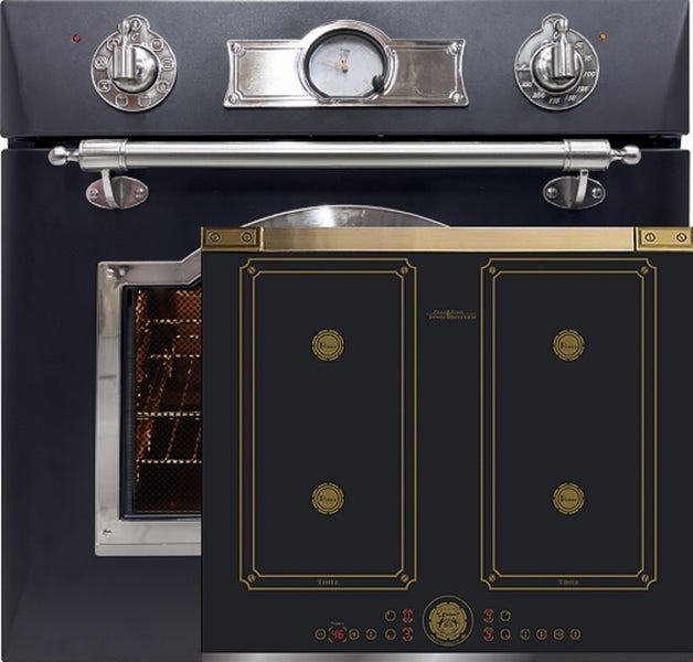 Einbau Backofen und Induktionskochfeld im Vintage Design mit analogen Bedienelementen und Uhr