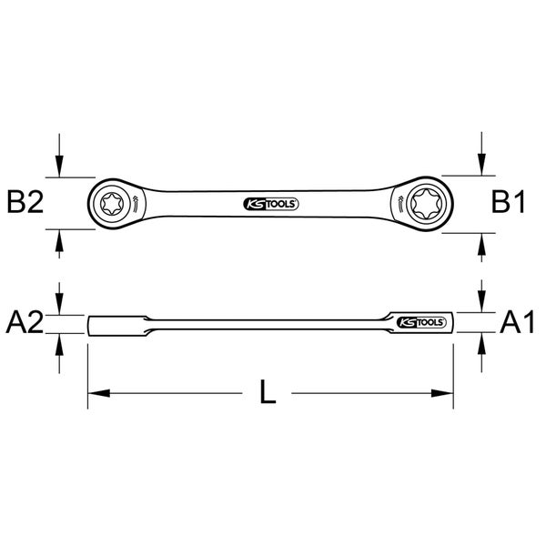 Technische Zeichnung eines KS Tools Ringratschenschlüssels mit Maßangaben