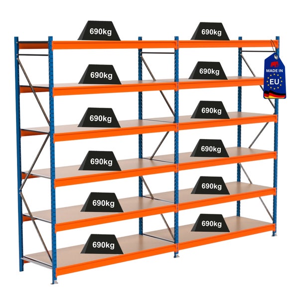 Regal mit mehreren Ebenen und einer Tragfähigkeit von 690 Kilogramm pro Ebene, Hergestellt in der EU