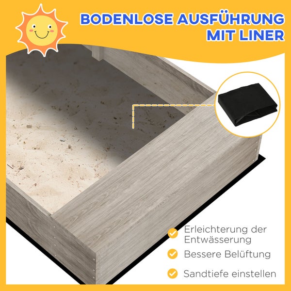 Sandkasten aus Holz mit Vliesauskleidung für verbesserte Entwässerung und Belüftung