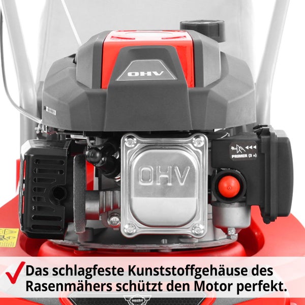 Detailansicht des Motors eines Rasenmähers mit OHV Kennzeichnung