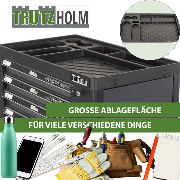 Trutzholm Werkstattwagen mit großer strukturierter Ablagefläche an der Oberseite, Schubladen und Werkzeug-Zubehör.
