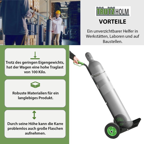 Gasflaschenkarre von Trutzholm mit Sicherheitskette zur stabilen Beförderung von Gasflaschen in Werkstätten und auf Baustellen.