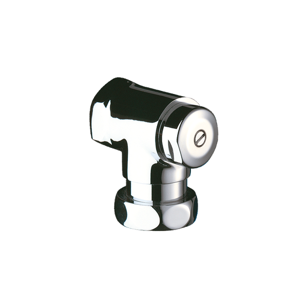 Heizkörper-Rücklaufverschraubung aus verchromtem Metall in Eckform.