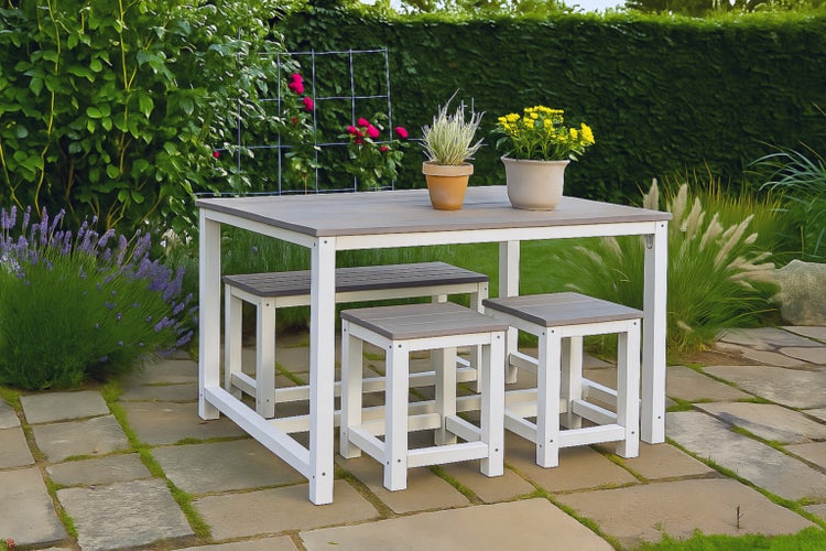 WONDERMAKE® Design Sitzgruppe Sitzgarnitur Holz mit Abdeckung Outdoor Garten Balkon 4 Personen Plätze, Essgruppe Möbel-Set Essgarnitur draußen außen, 4-teilig: Tisch Sitzbank Stühle Hocker, weiß grau