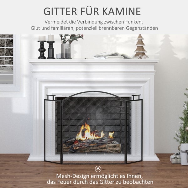 HOMCOM Kaminschutzgitter Funkenschutzgitter mit Netz Eisengitter Kaminschirm zusammengefaltet dreiteilige Design Metall Schwarz 128 x 2 x 76,5 cm