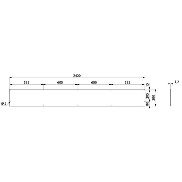 Technische Zeichnung mit Abmessungen eines Paneels: 2400 Millimeter Länge, 300 Millimeter Breite und 1,2 Millimeter Stärke.