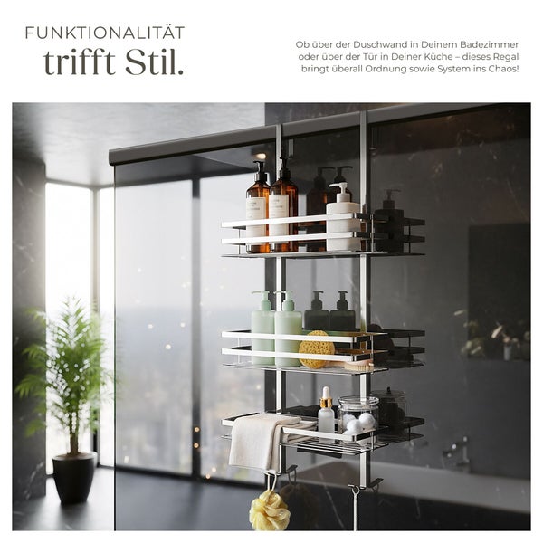 Duschregal aus Metall mit drei Ablagen zur Aufbewahrung von Badartikeln im Badezimmer.