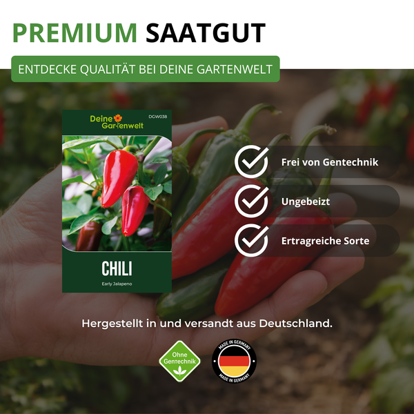 Hand hält Chilisamen Early Jalapeno von Deine Gartenwelt Logo. Frei von Gentechnik, ungebeizt, ertragreiche Sorte. Hergestellt in Deutschland.